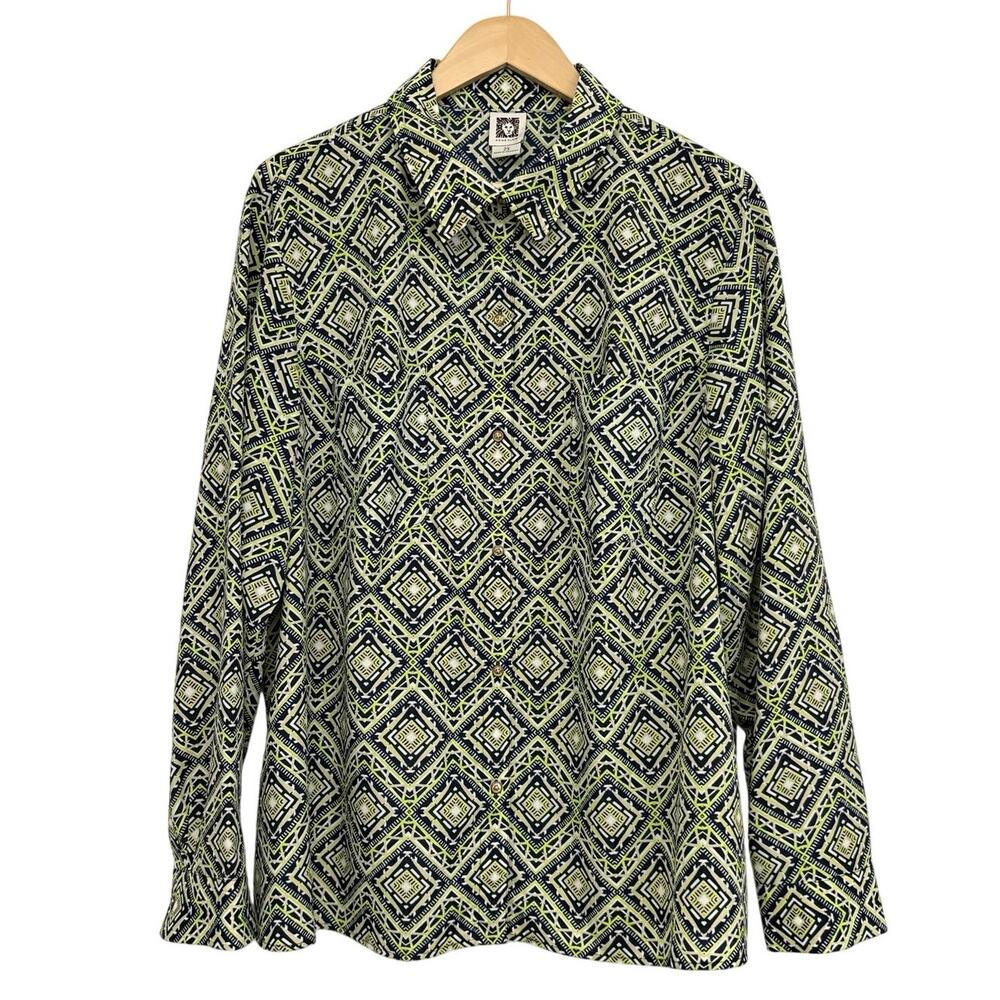 Anne Klein 2X Geometric Print Button Front Blouse Navy Lime Green Plus Size